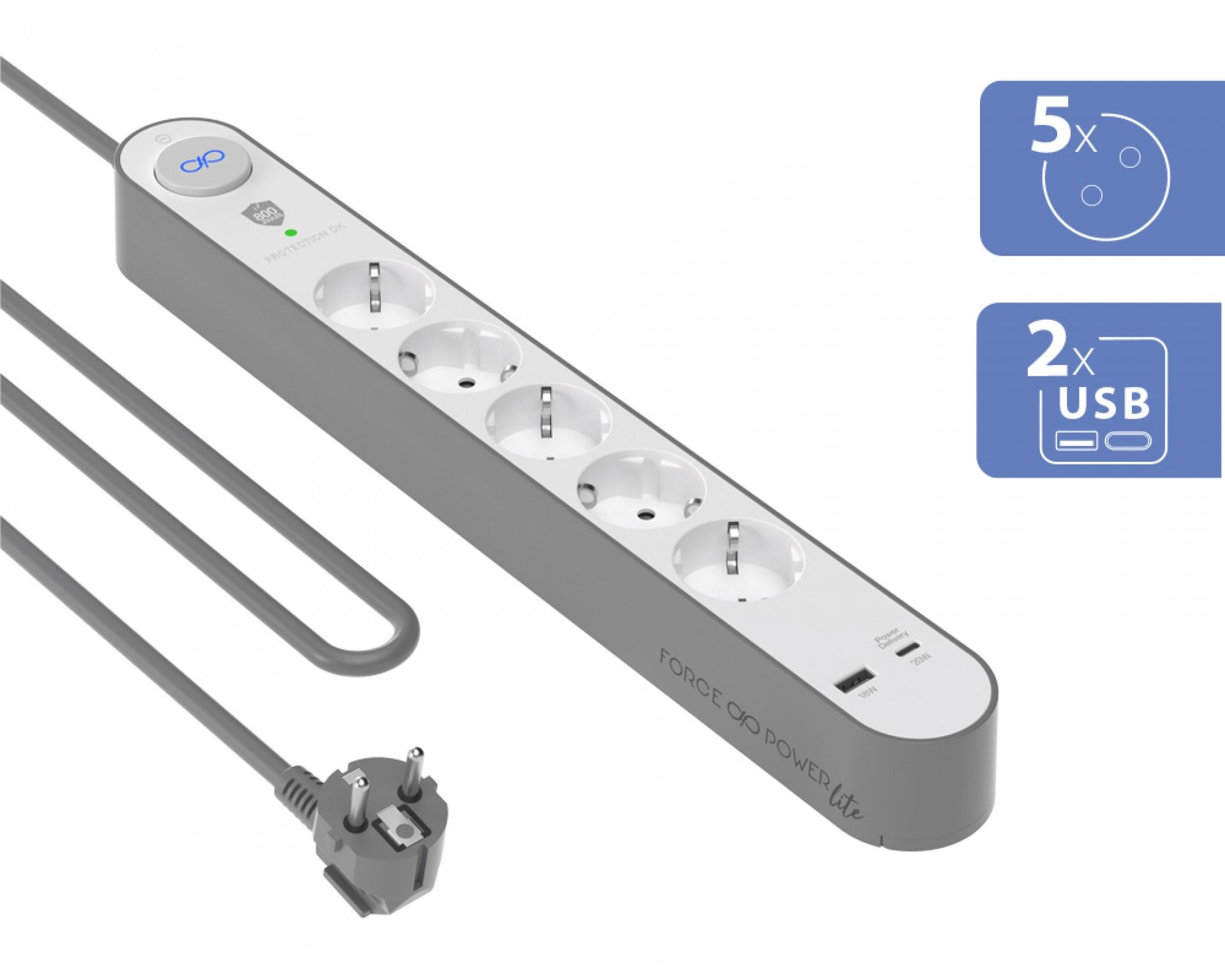 Bloco Proteção 5 Tomadas + USB A+C 800J 1,5m