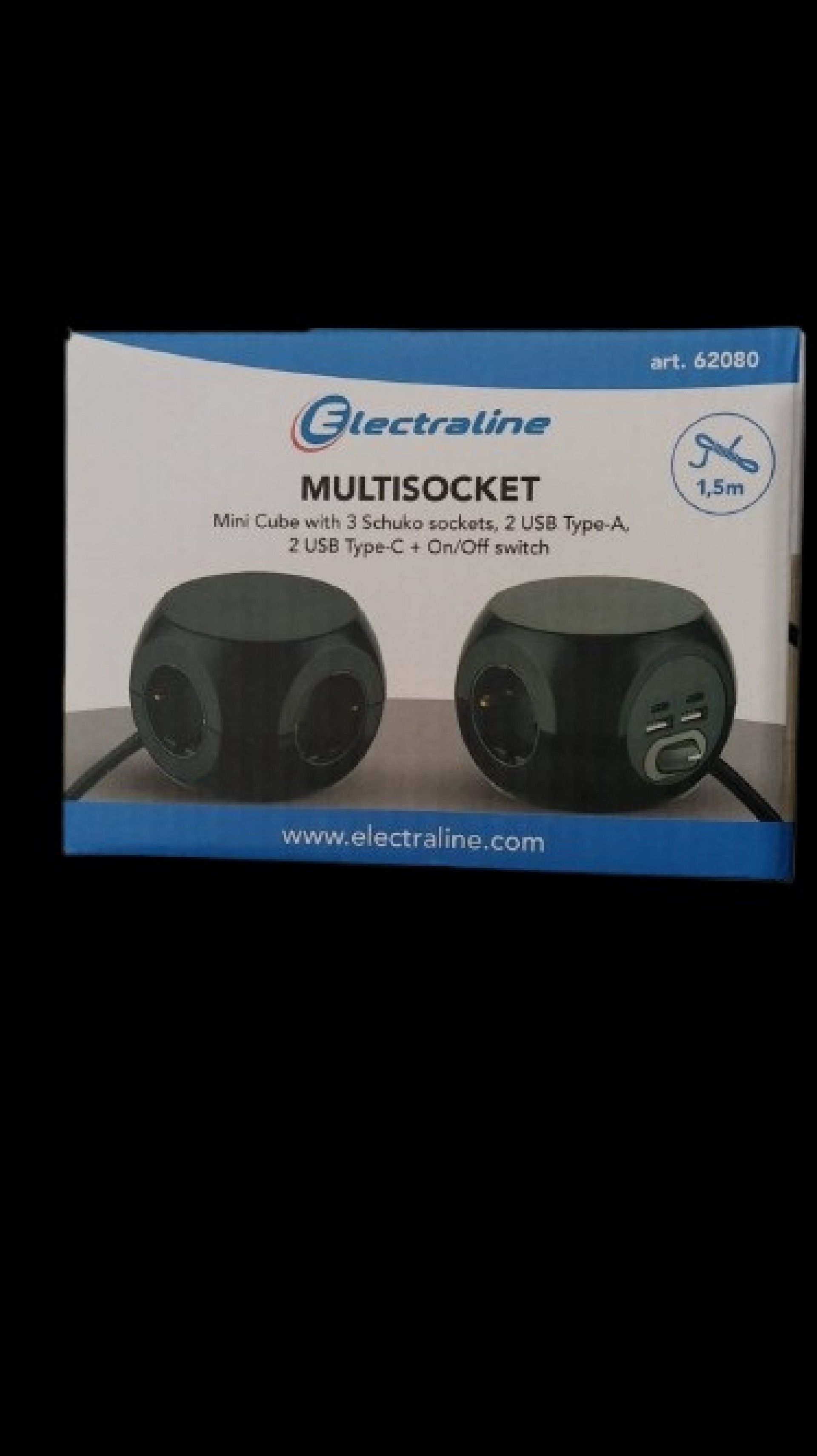Mini Cube 3 Tomadas + 2 USB 1,5m Preto