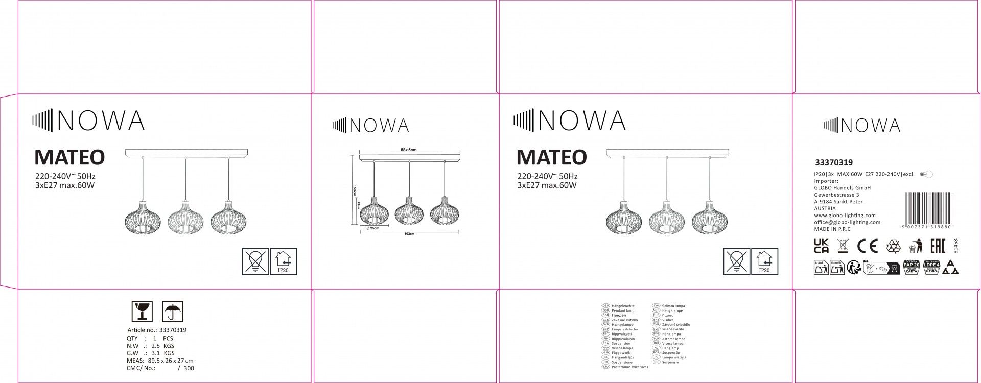 Suspensão Metal 3e27 60W Areia Mate
