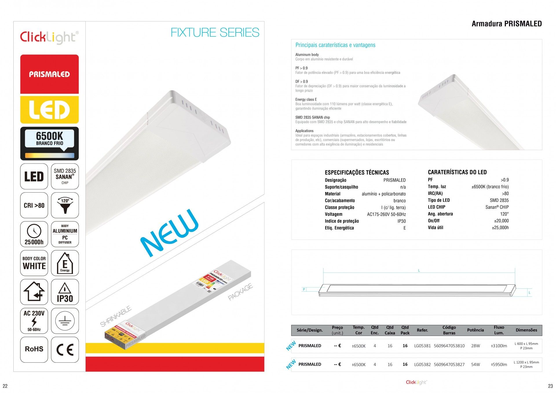 Armadura Prismaled 28W 60cm 6500K 3100 Lumen