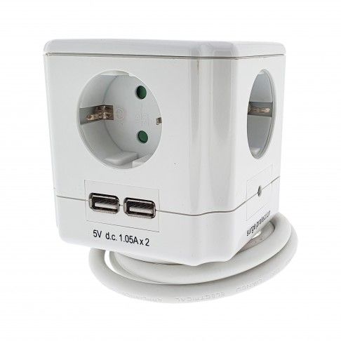 Bloco Mini Cube 4 Tomadas + 2 USB 1,4m Branco