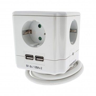 Bloco Mini Cube 4 Tomadas + 2 USB 1,4m Branco