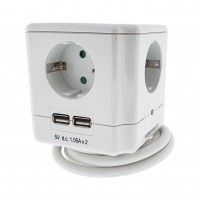 Bloco Mini Cube 4 Tomadas + 2 USB 1,4m Branco