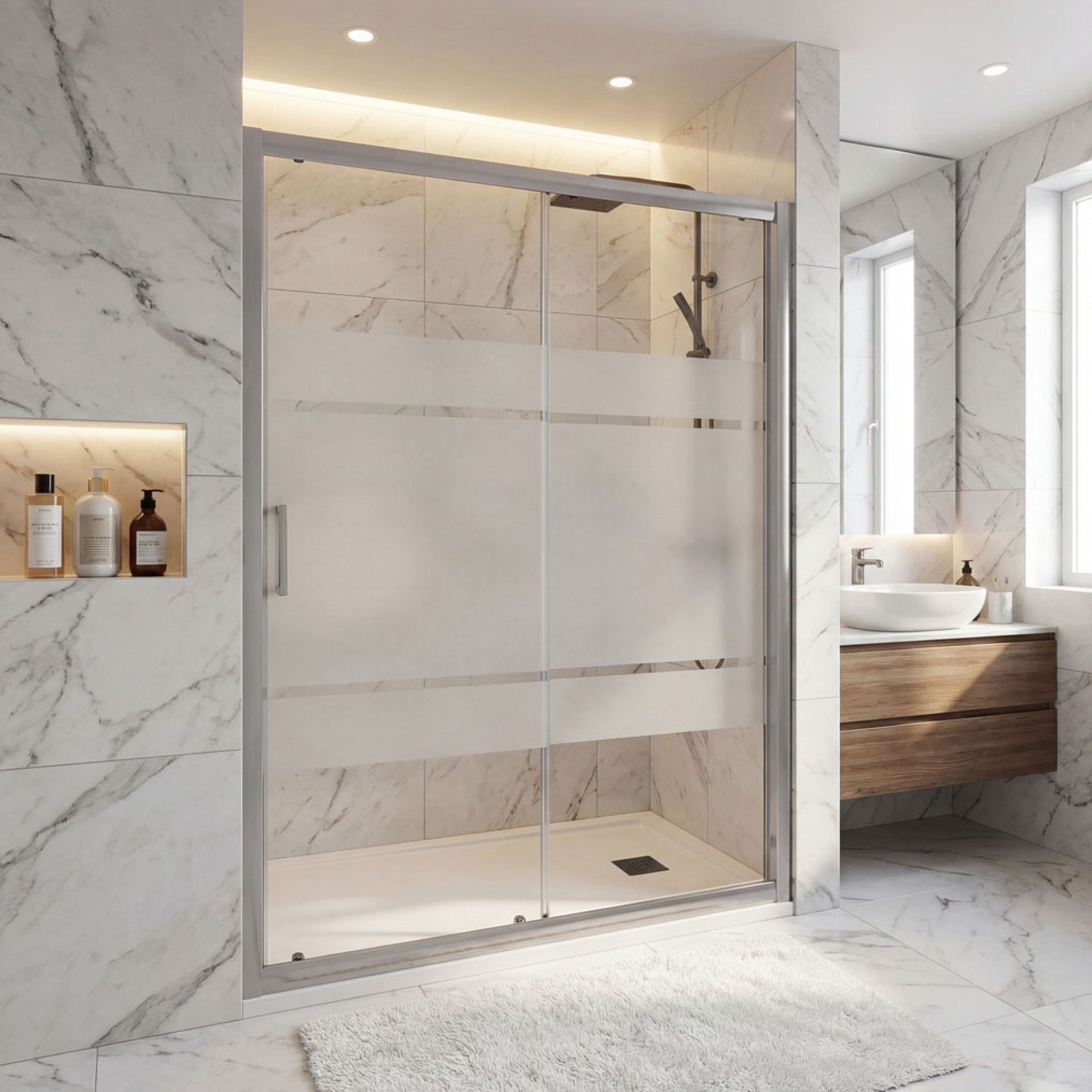 Frontal Duche Bornéu Vidro Serigrafado 185x120cm, perfil cromado