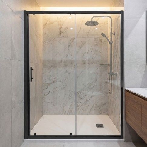 Frontal Duche Bornéu Vidro Transparente 185x160cm, perfil preto Frontal Duche Bornéu Vidro Transparente 185x160cm, perfil preto