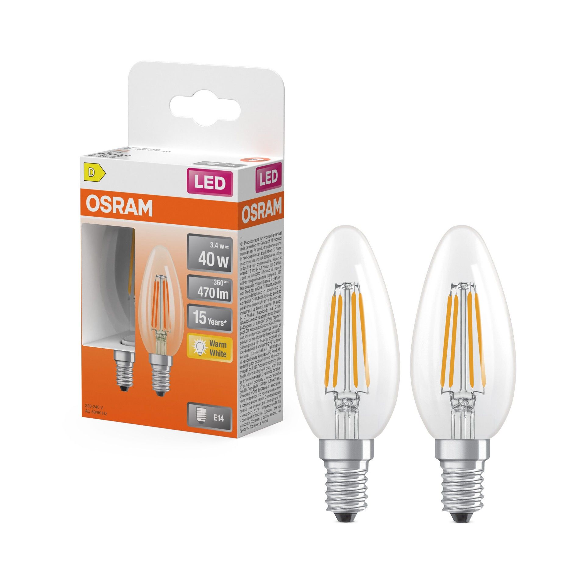 Lâmpada Candle Filamento E14 2700K 4W - Pack 2 Unidades