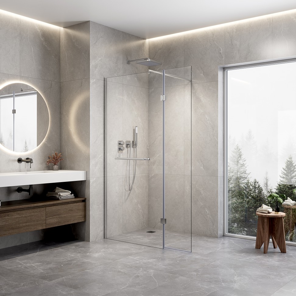 Painel Duche Transparente 190x120cm com Porta; Perfil Cromado