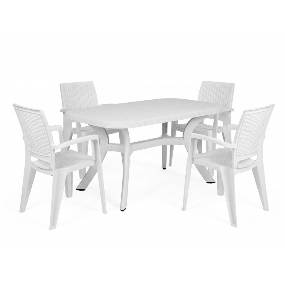 Mesa Caribe Rattan + 4 cadeiras Caribe branco