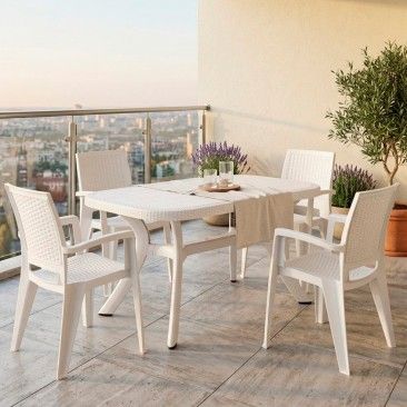 Mesa Caribe Rattan + 4 cadeiras Caribe branco