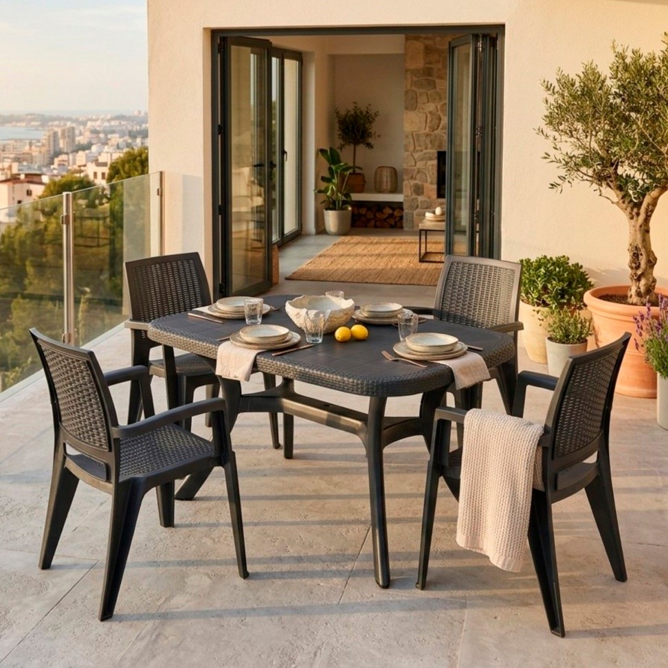 Mesa Caribe Rattan + 4 cadeiras Caribe antracite