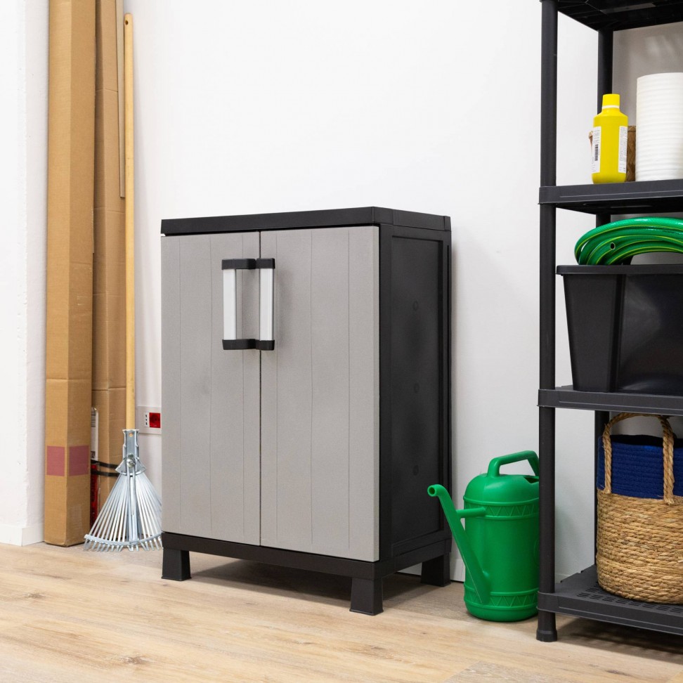 Armário Multiusos Baixo Garage PVC Cinzento e Preto Armário Multiusos Baixo Garage PVC Cinzento e Preto